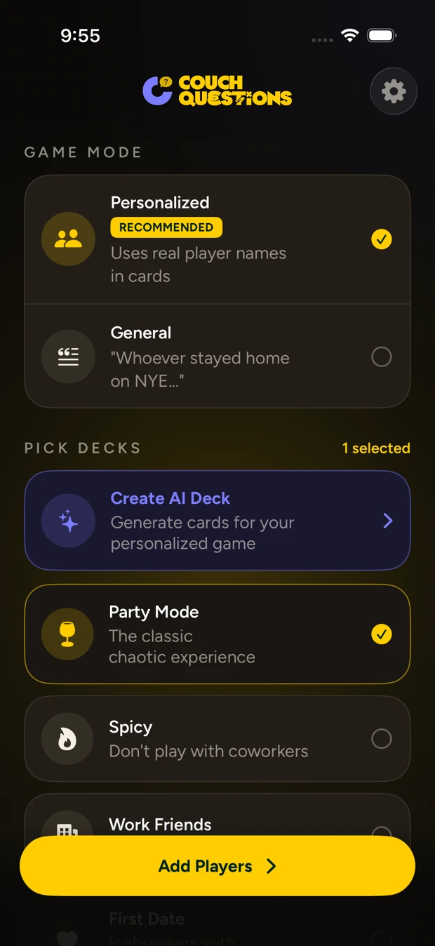 Couch Questions home screen with game modes and decks