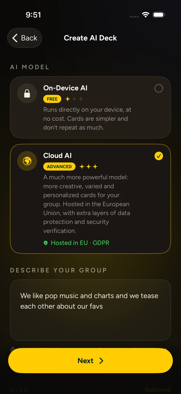 Couch Questions AI deck customization screen
