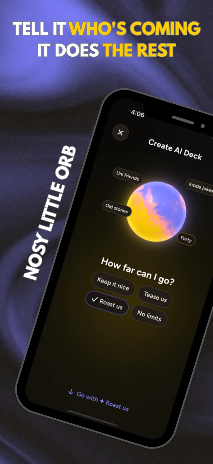Couch Questions on iPhone: the orb asking How far can I go, with the options Keep it nice, Tease us, Roast us and No limits