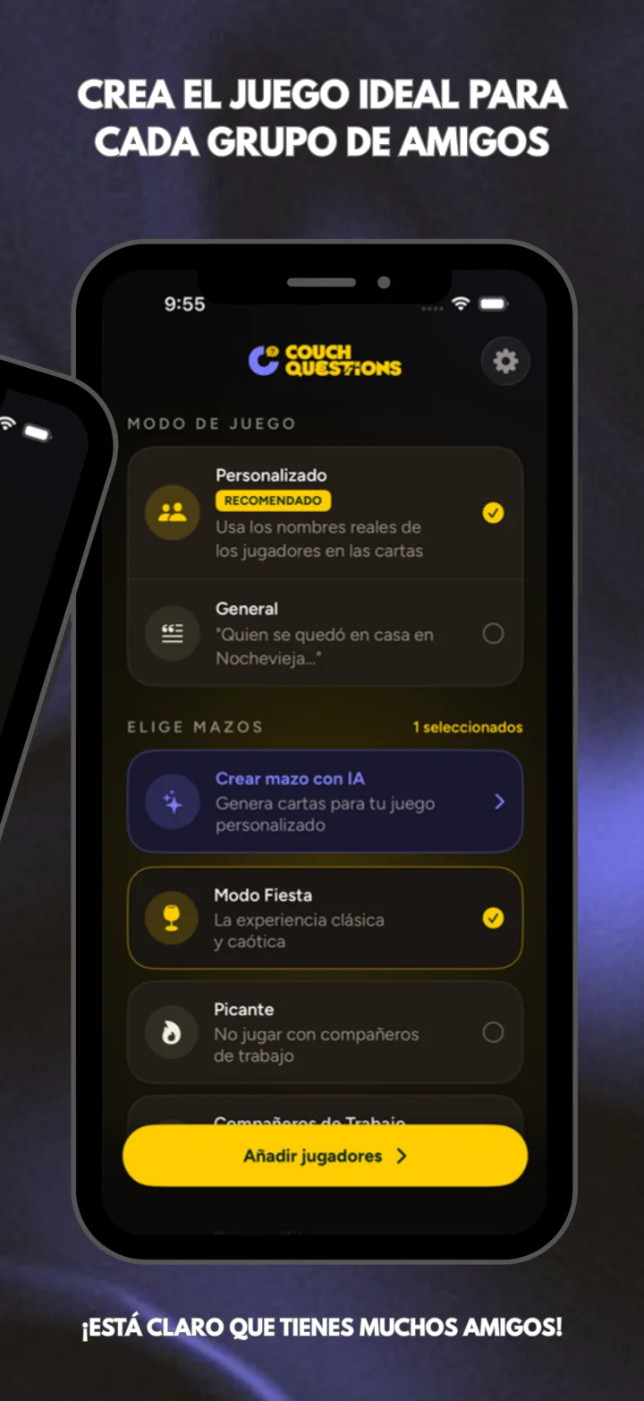 Couch Questions en iPhone: eligiendo modo de juego y mazos