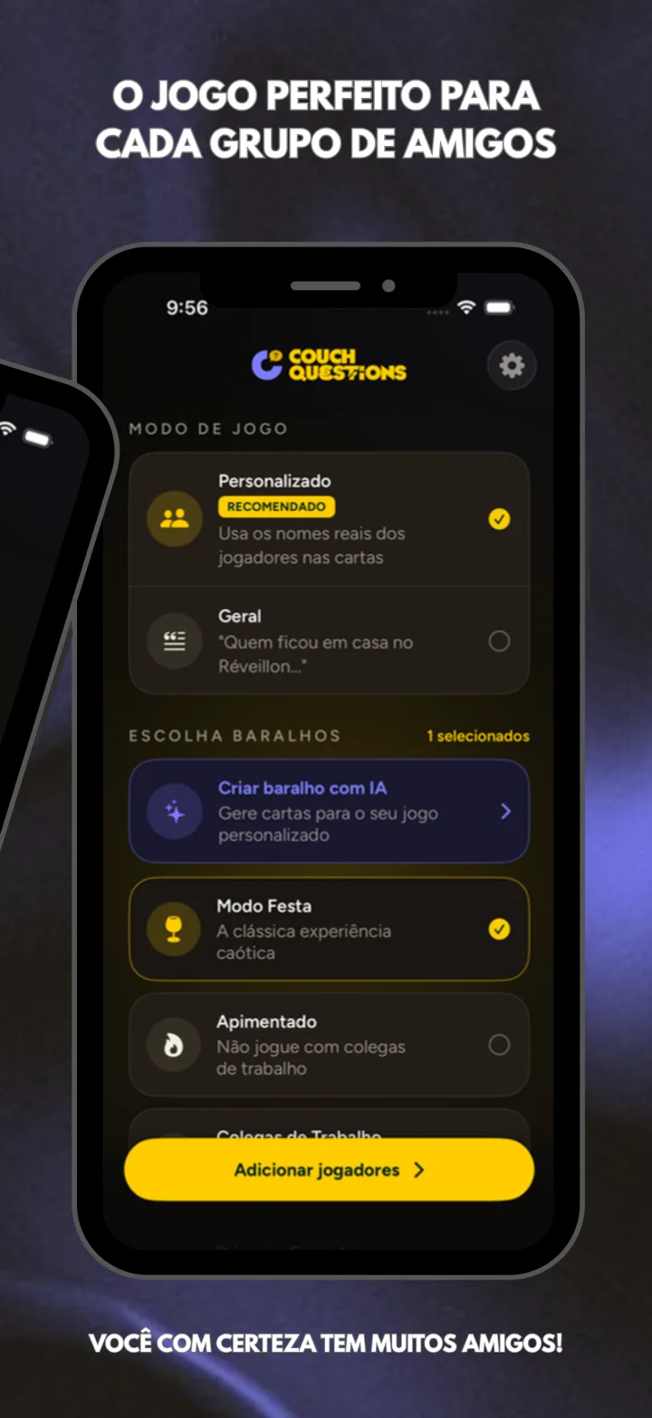 Couch Questions no iPhone: escolhendo modo de jogo e baralhos