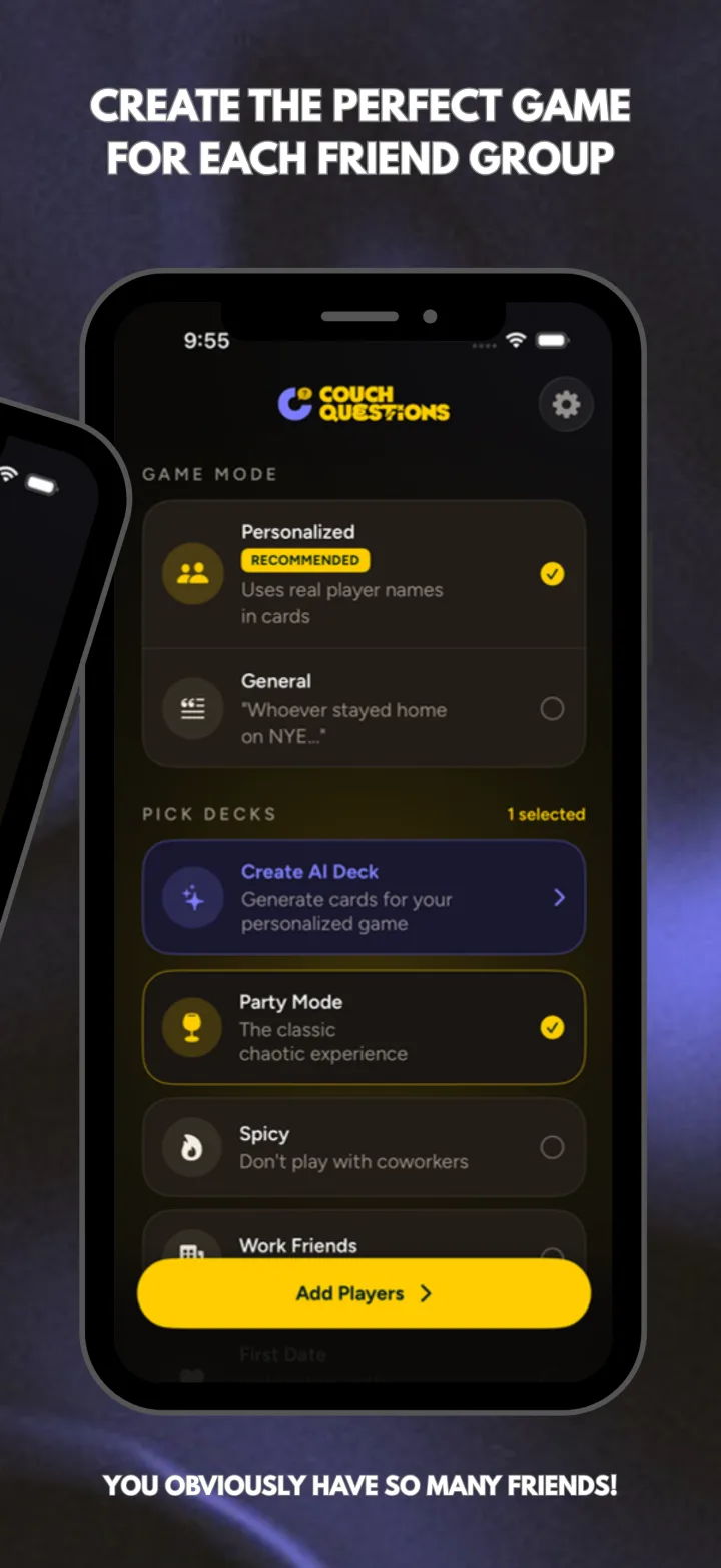 Couch Questions on iPhone: choosing a game mode and decks, under the line Create the perfect game for each friend group