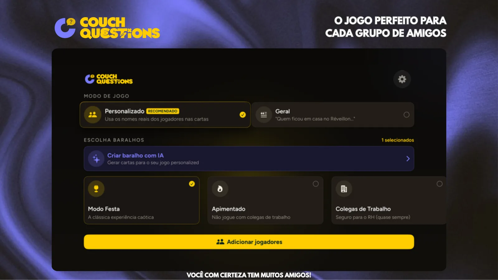 Couch Questions na Apple TV: escolhendo modo de jogo e baralhos